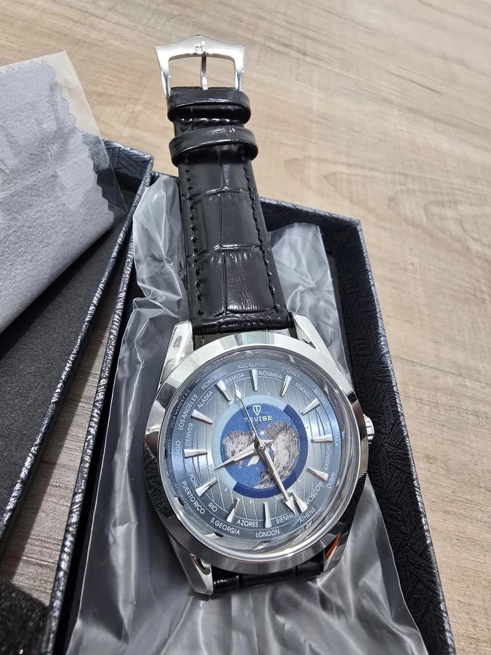 Men's World Time Leather Strap Authomatic Watch - Black/Blue